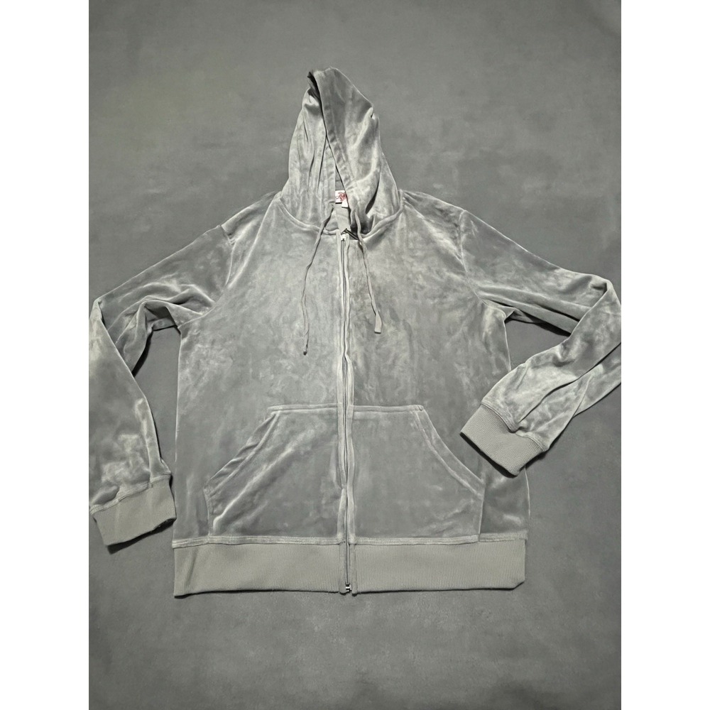 Coral Ivy Women's Gray‎ Full Zip Hooded Jacket Pockets Velour Size L Large